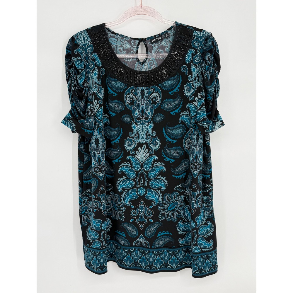 Apt 9 Womens Paisley Beaded Neckline Short Sleeve Blouse Teal Black Boho Sz XL